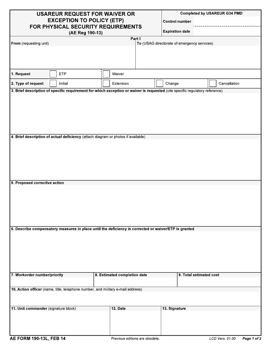 AE Form 190-13L Usareur Request for Waiver or Exception to Policy (Etp) for Physical Security Requirements, Page 1