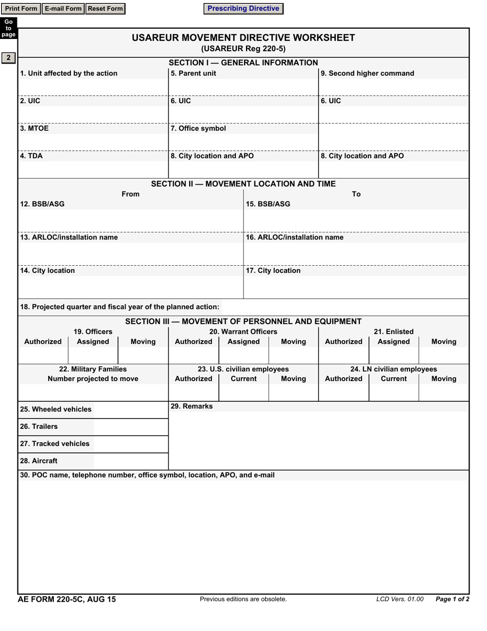 AE Form 220-5C Usareur Movement Directive Worksheet, Page 1