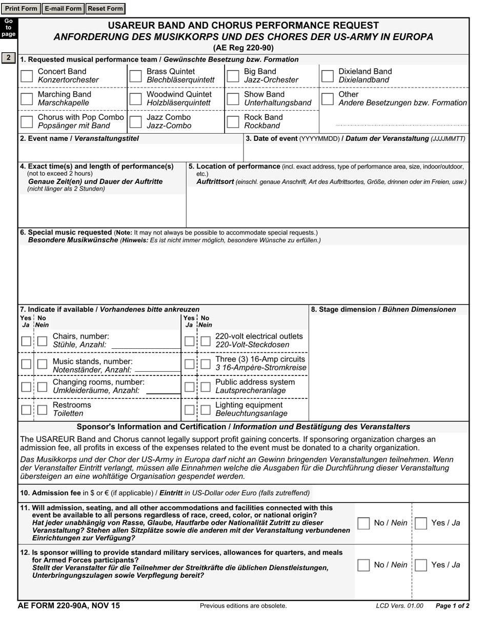 AE Form 220-90A Usareur Band and Chorus Performance Request (English / German), Page 1