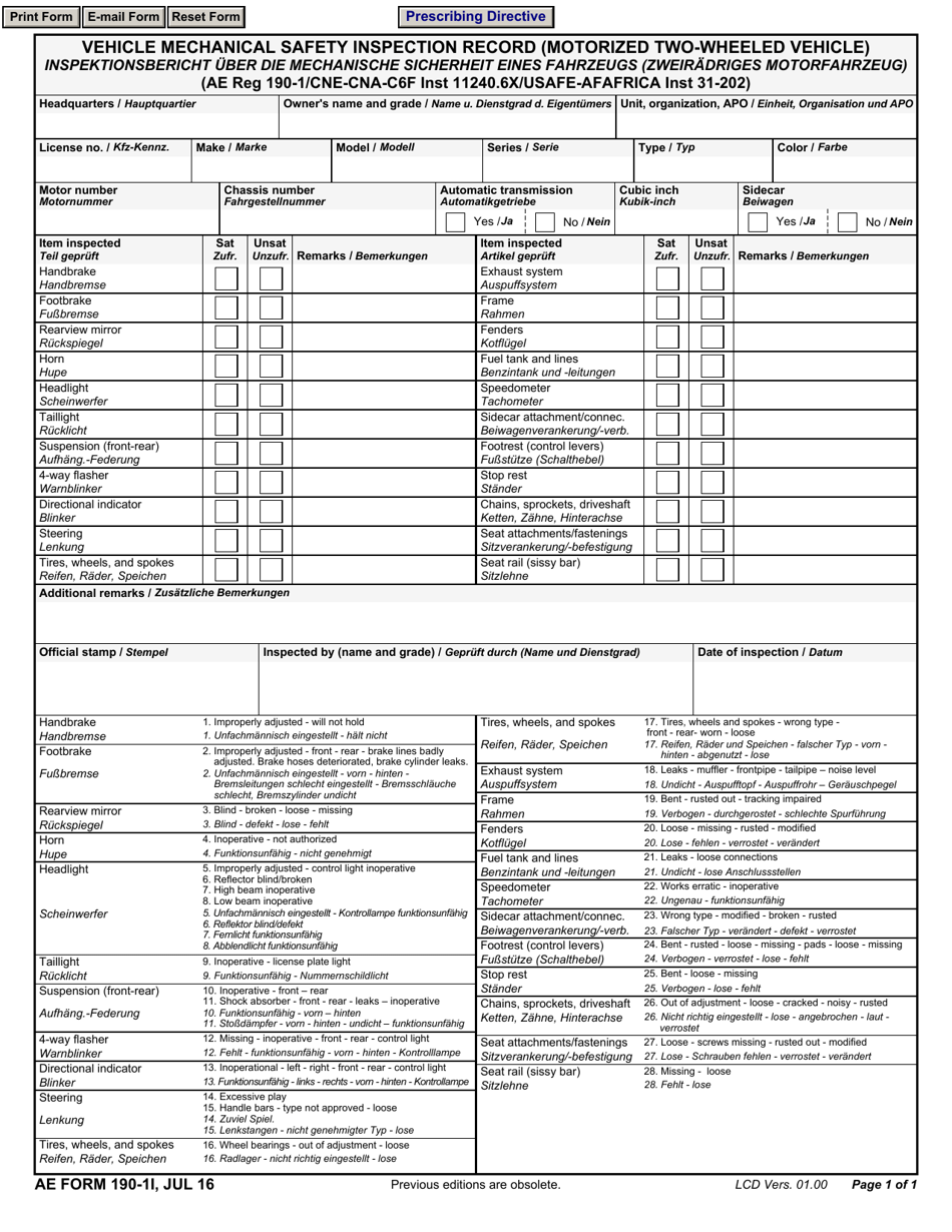 AE Form 190-1I Vehicle Mechanical Safety Inspection Record (Motorized Two-Wheeled Vehicle) (English / German), Page 1