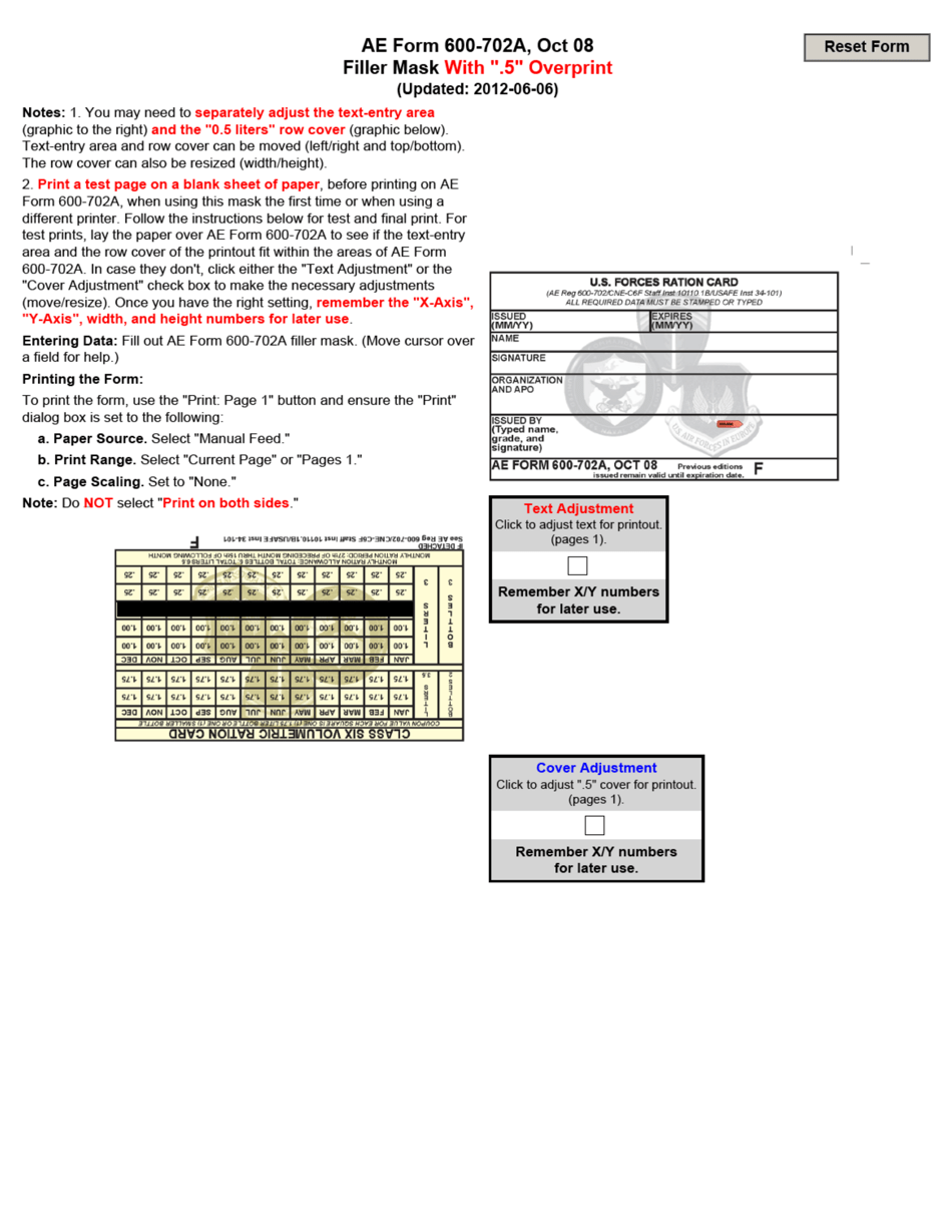 AE Form 600-702A-FILLER U.S. Forces Ration Card - Filler Mask, Page 1