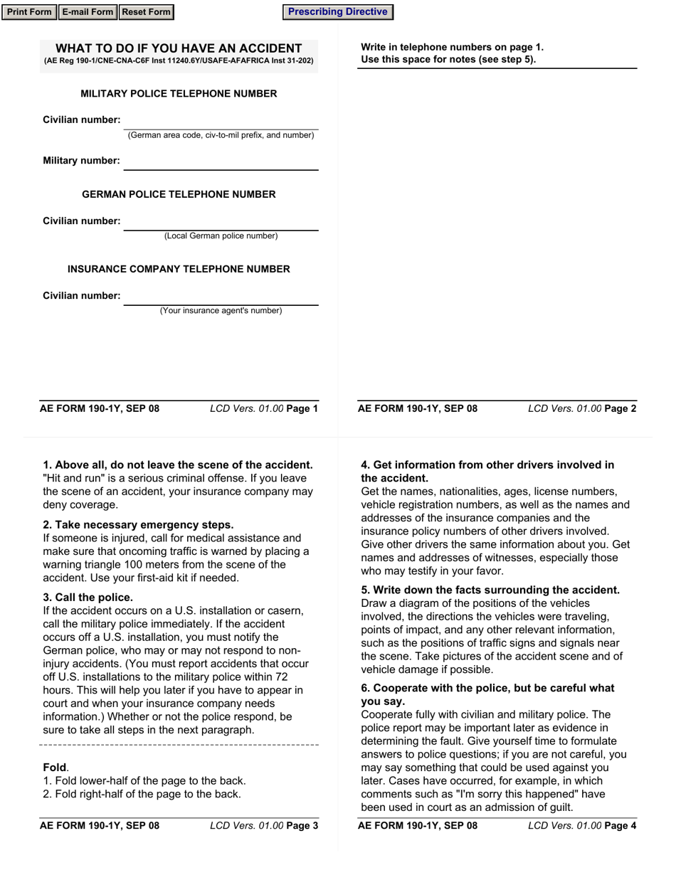 AE Form 190-1Y What to Do if You Have an Accident, Page 1
