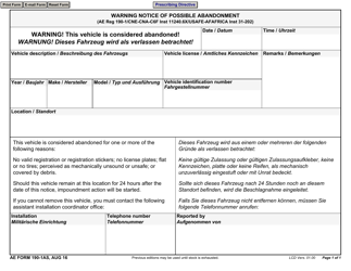 Document preview: AE Form 190-1AS Warning Notice of Possible Abandonment (English/German)