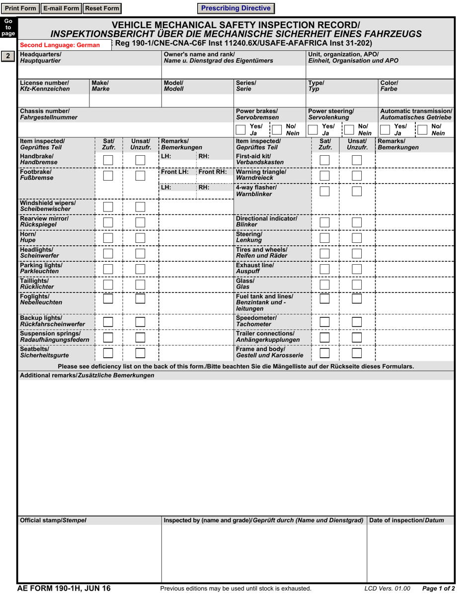 AE Form 190-1H Vehicle Mechanical Safety Inspection Record (English / German), Page 1