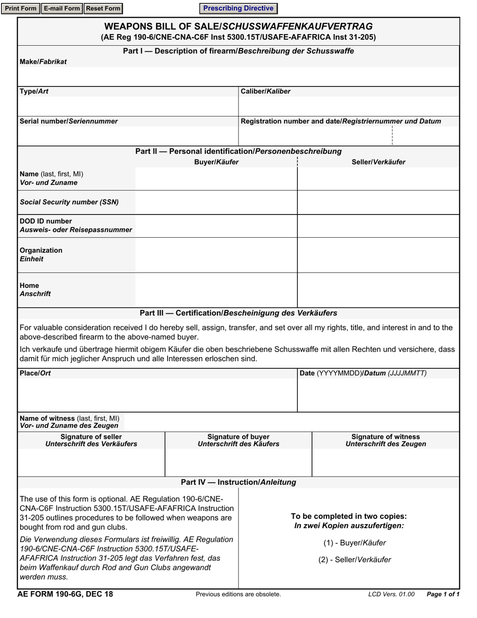 AE Form 190-6G Weapons Bill of Sale (English / German), Page 1
