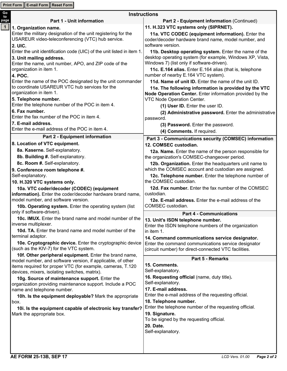 AE Form 25-13B Video-Teleconferencing (Vtc) Hub Registration, Page 2