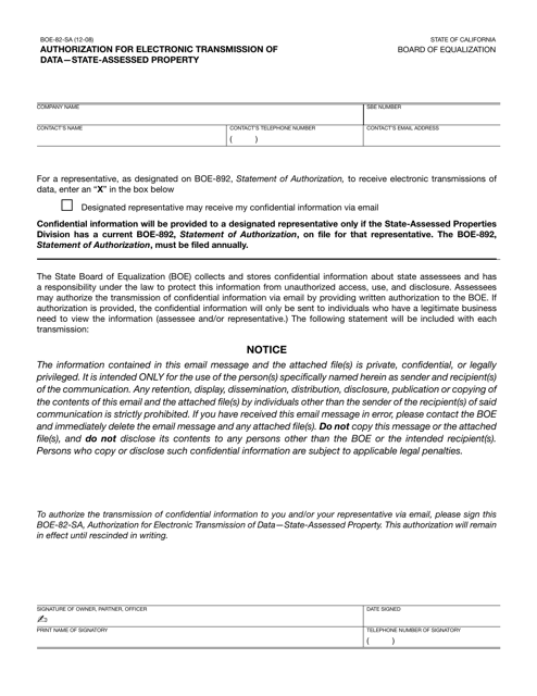 Form BOE-82-SA Authorization for Electronic Transmission of Data - State-Assessed Property - California