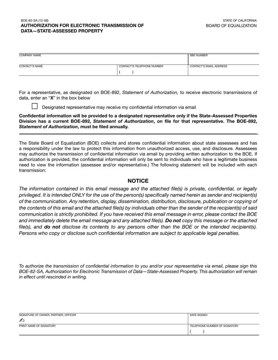 Form BOE-82-SA Authorization for Electronic Transmission of Data - State-Assessed Property - California, Page 1