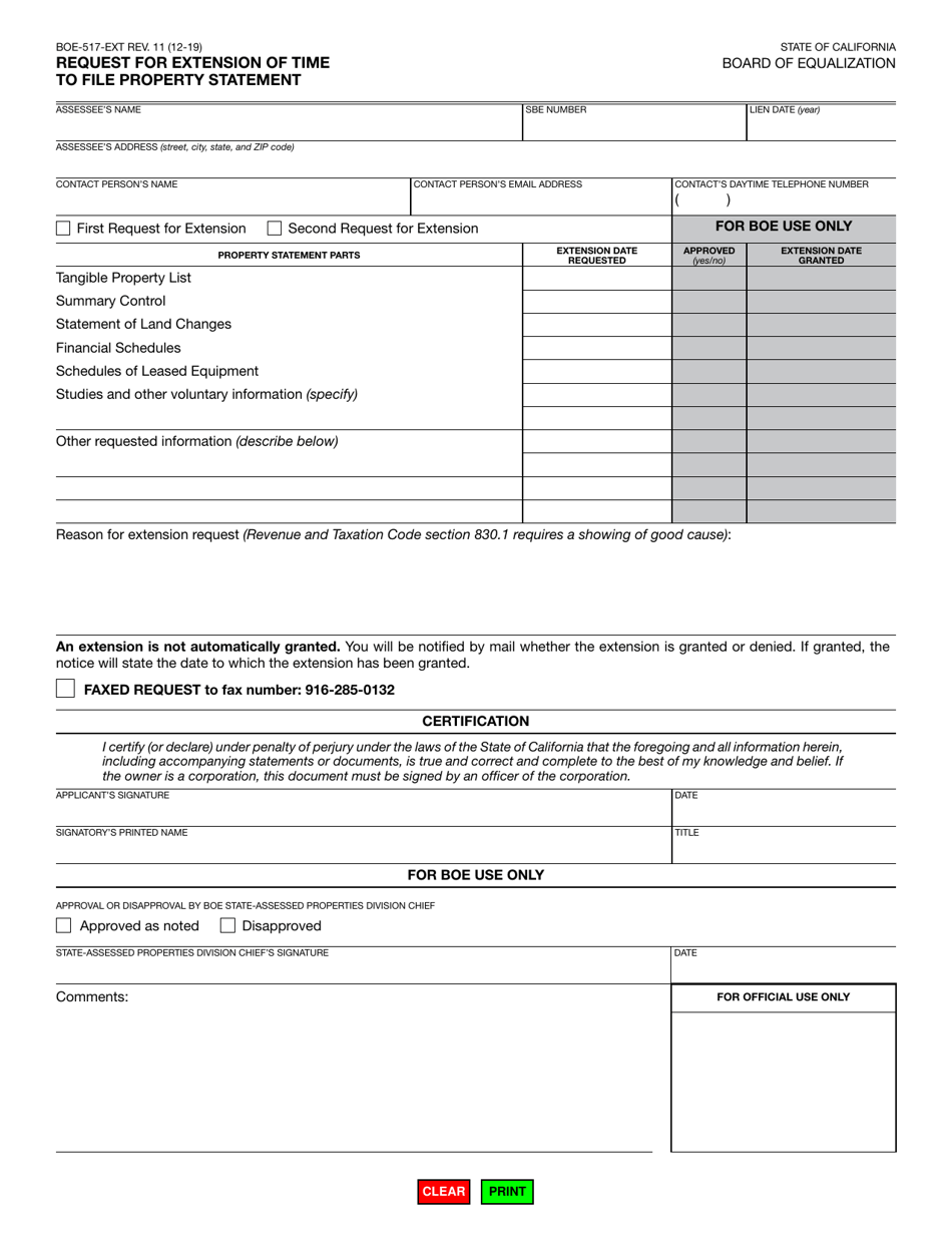 Form BOE-517-EXT Request for Extension of Time to File Property Statement - California, Page 1