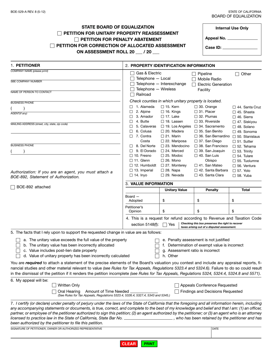 Form BOE-529-A Petition for Unitary Property Reassessment - California, Page 1