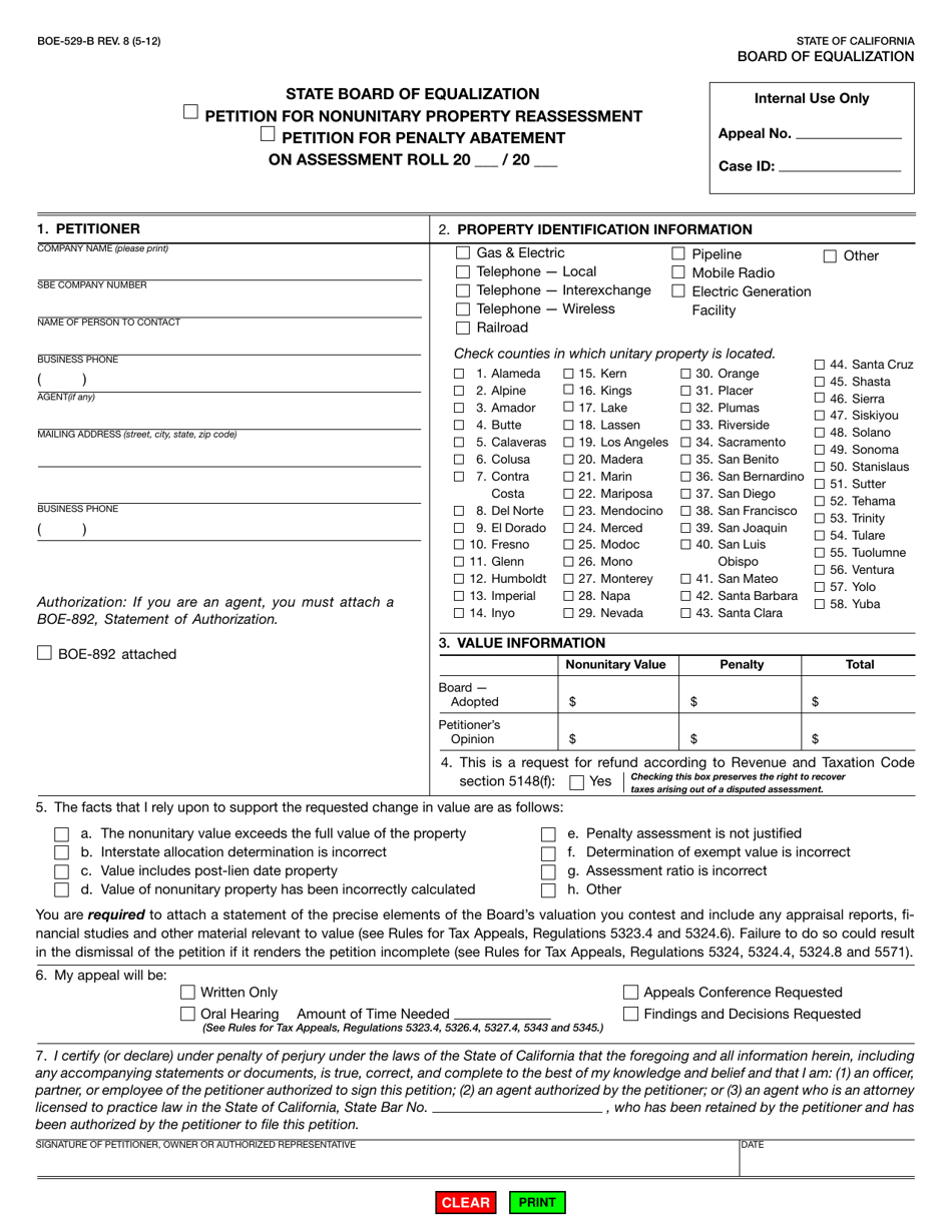 Form BOE-529-B Petition for Nonunitary Property Reassessment - California, Page 1