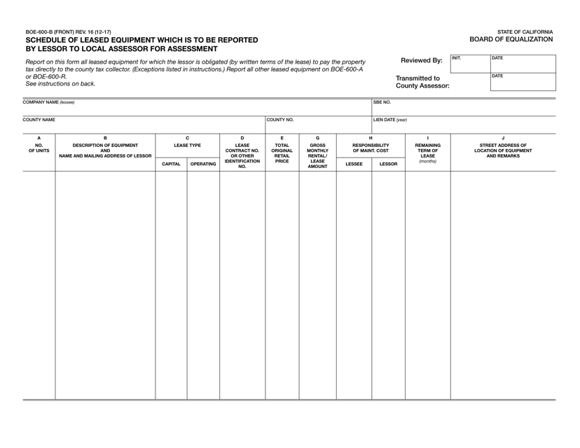 Form BOE-600-B Schedule of Leased Equipment Which Is to Be Reported by Lessor to the Local Assessor for Assessment - California
