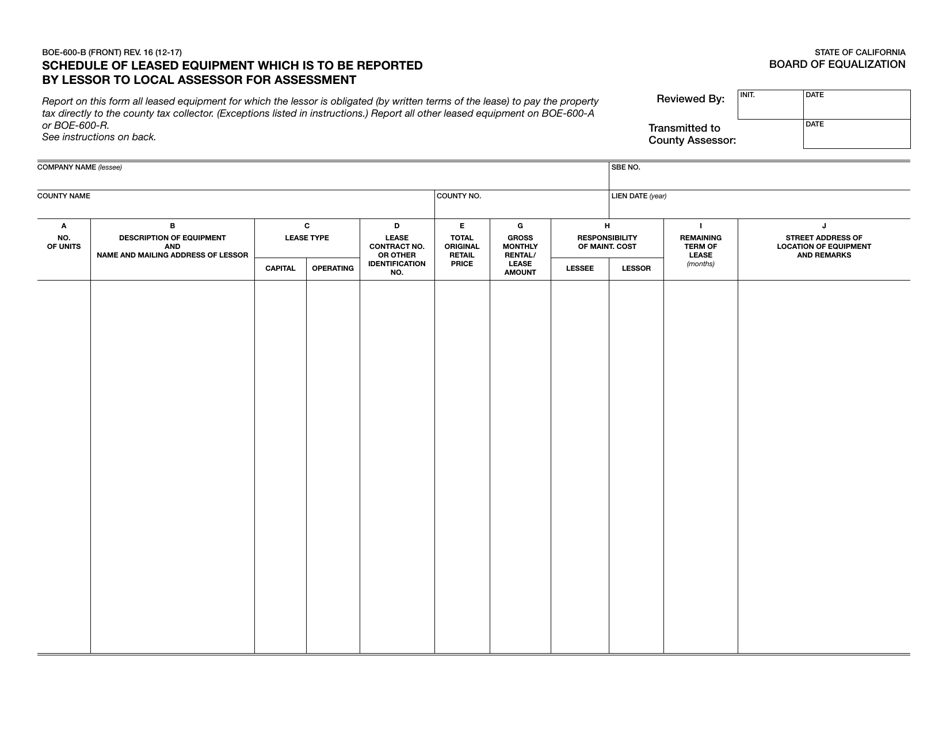 Form BOE-600-B Schedule of Leased Equipment Which Is to Be Reported by Lessor to the Local Assessor for Assessment - California, Page 1