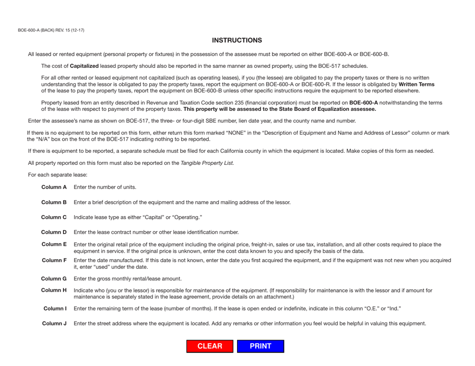 Schedule BOE-600-A Schedule of Leased Equipment to Be Assessed by the State Board of Equalization to the State Assessee (Lessee) - California, Page 2