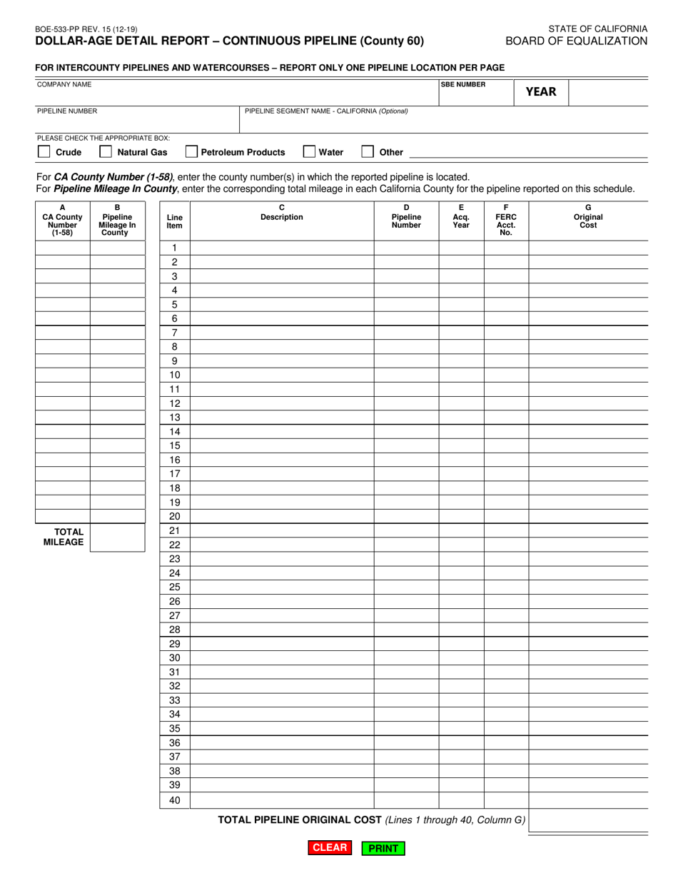 Form BOE-533-PP Dollar-Age Detail Report - Continuous Pipeline (County 60) - California, Page 1
