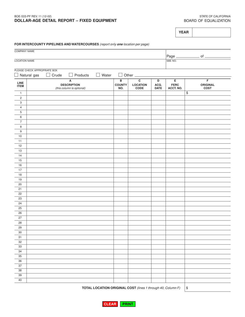 Form BOE-533-PF Dollar-Age Detail Report - Fixed Equipment - California, Page 1