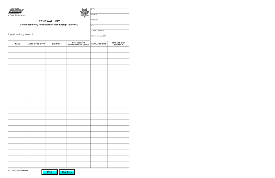 Form INV175 Renewal List - California, Page 1