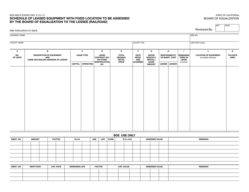 Form BOE-600-R Schedule of Leased Equipment With Fixed Location to Be Assessed by the Board of Equalization to the Lessee (Railroad) - California