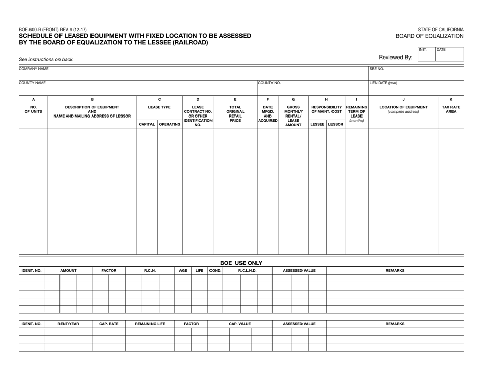 Form BOE-600-R Schedule of Leased Equipment With Fixed Location to Be Assessed by the Board of Equalization to the Lessee (Railroad) - California, Page 1
