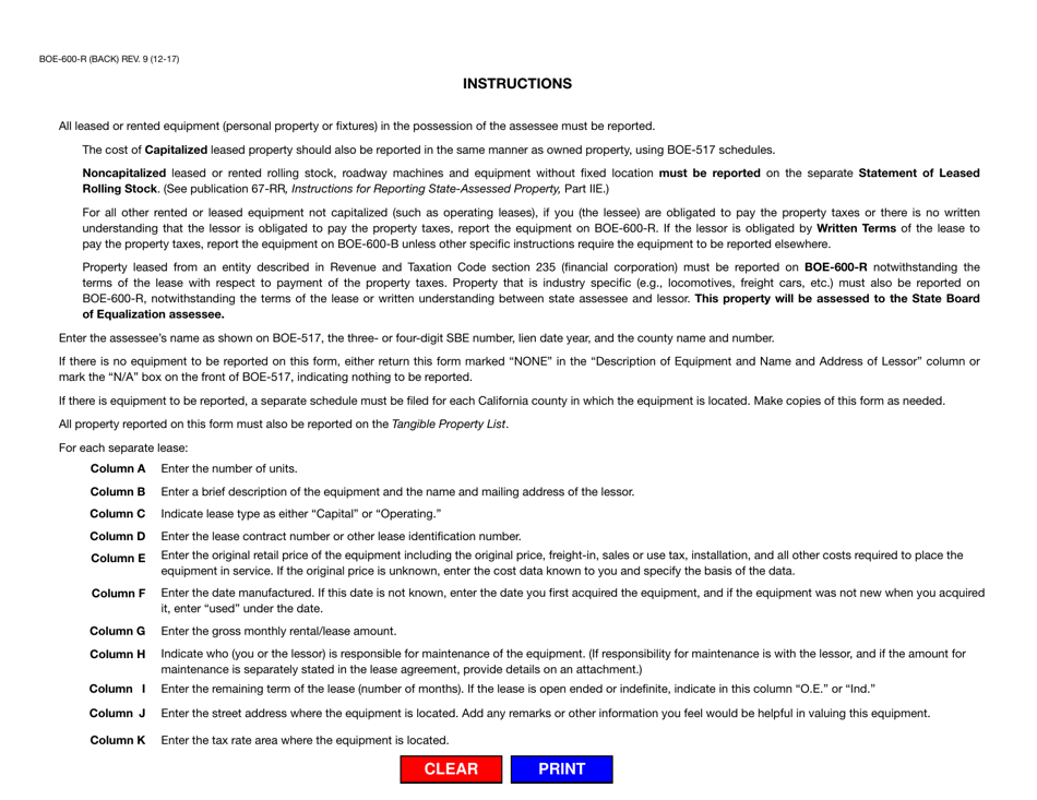 Form BOE-600-R Schedule of Leased Equipment With Fixed Location to Be Assessed by the Board of Equalization to the Lessee (Railroad) - California, Page 2