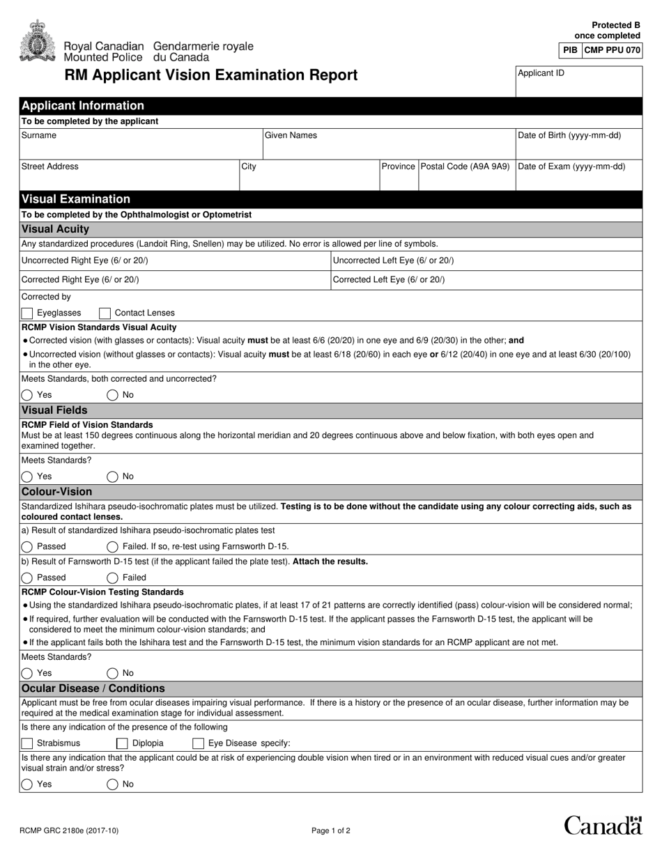 Form RCMP GRC2180 Rm Applicant Vision Examination Report - Canada, Page 1