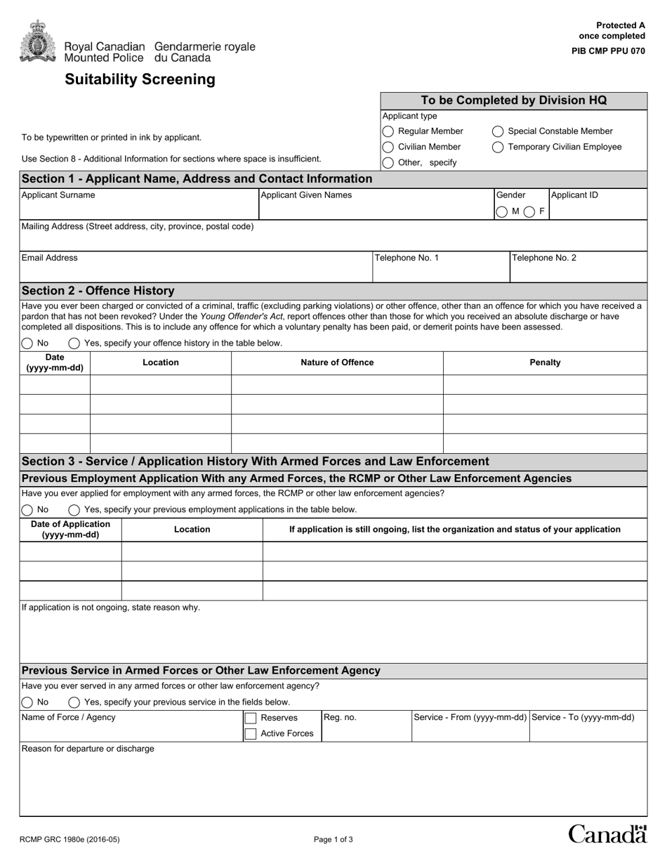 Form RCMP GRC1980 Suitability Screening - Canada, Page 1