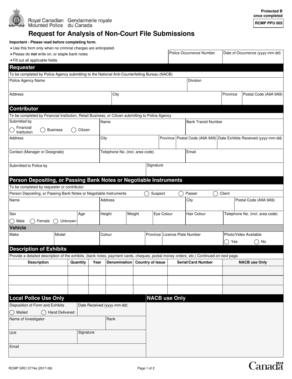 Form RCMP GRC3774 Request for Analysis of Non-court File Submissions - Canada, Page 1