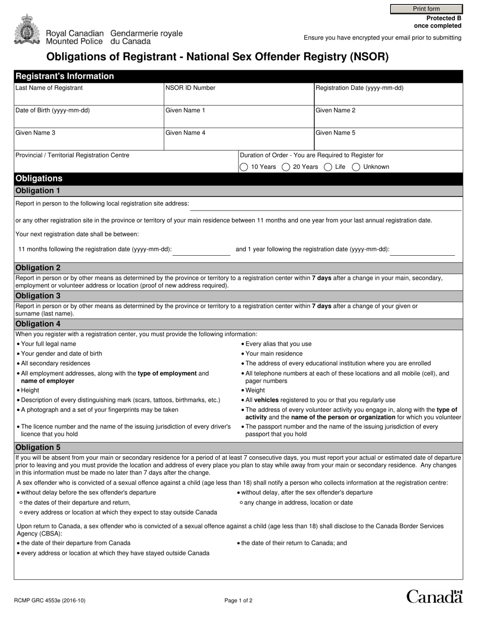 Form RCMP GRC4553 Obligations of Registrant - National Sex Offender Registry (Nsor) - Canada, Page 1
