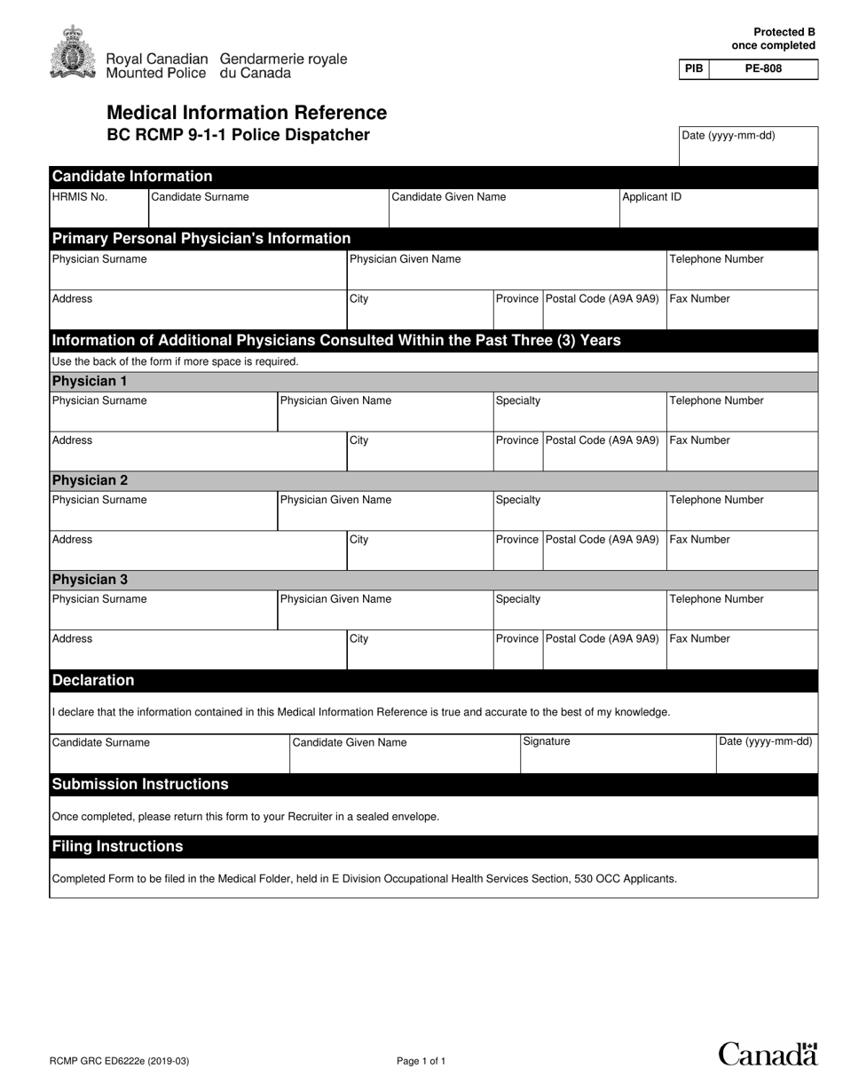 Form RCMP GRC ED6222 Medical Information Reference - Bc Rcmp 9-1-1 Police Dispatcher - Canada, Page 1