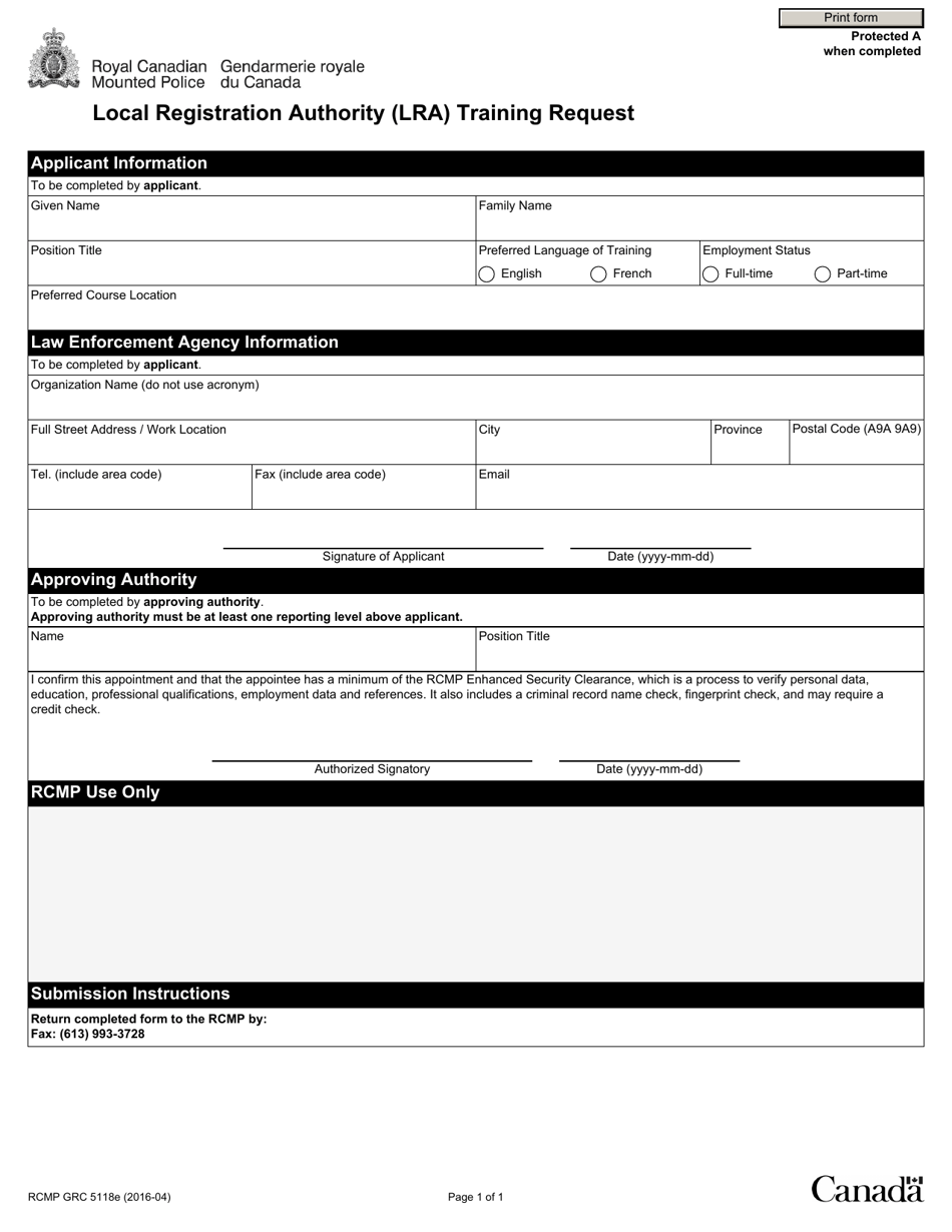 Form RCMP GRC5118 Local Registration Authority (LRA) Training Request - Canada, Page 1