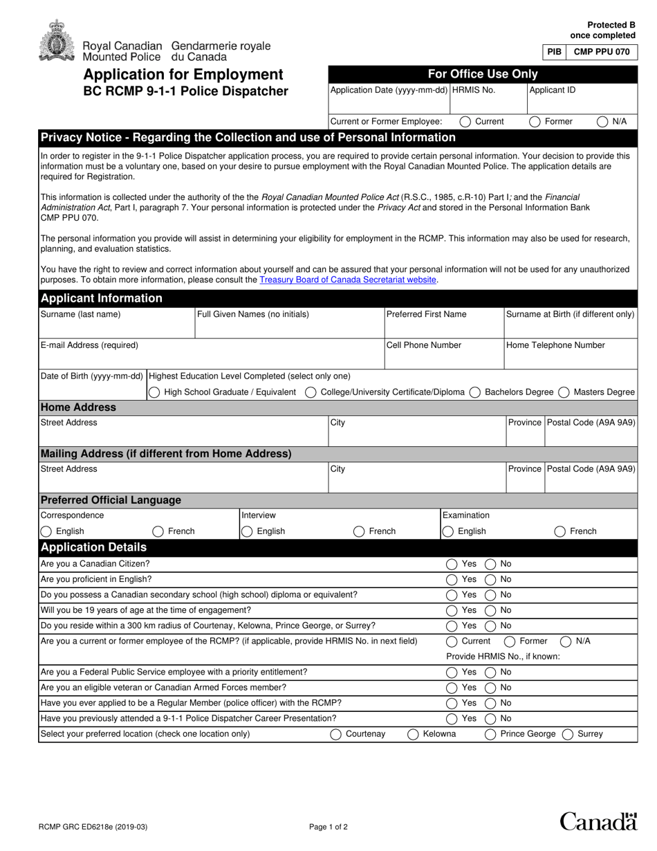 Form RCMP GRC ED6218 Application for Employment - Bc Rcmp 9-1-1 Police Dispatcher - Canada, Page 1