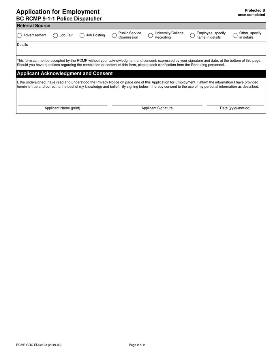 Form RCMP GRC ED6218 Application for Employment - Bc Rcmp 9-1-1 Police Dispatcher - Canada, Page 2