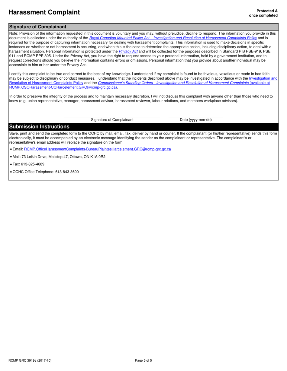 Form RCMP GRC3919 Harassment Complaint - Canada, Page 6