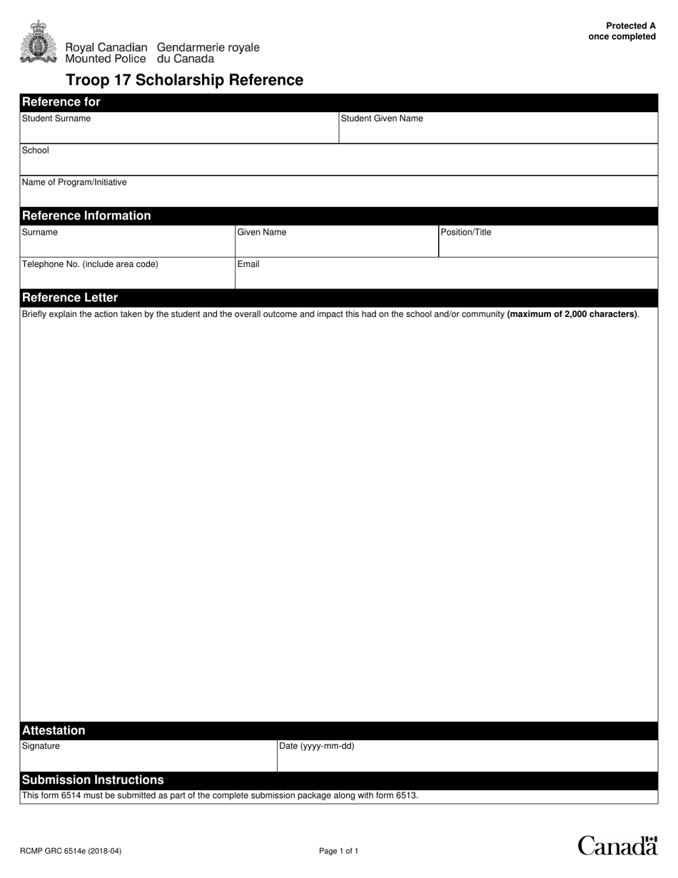 Form RCMP GRC6514 Troop 17 Scholarship Reference - Canada, Page 1