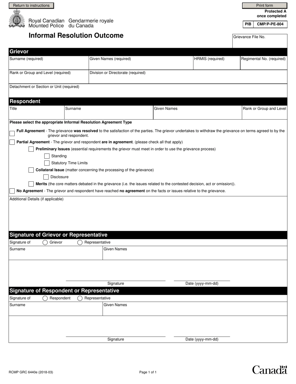 Form RCMP GRC6440 Informal Resolution Outcome - Canada, Page 2