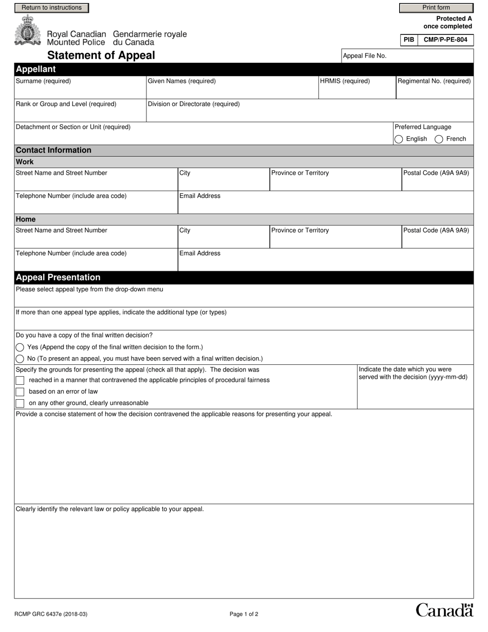 Form RCMP GRC6437 Statement of Appeal - Canada, Page 3
