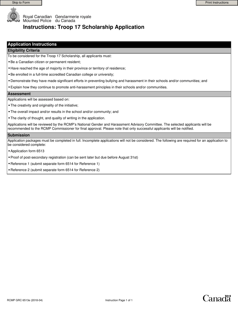 Form RCMP GRC6513 Troop 17 Scholarship Application - Canada, Page 1
