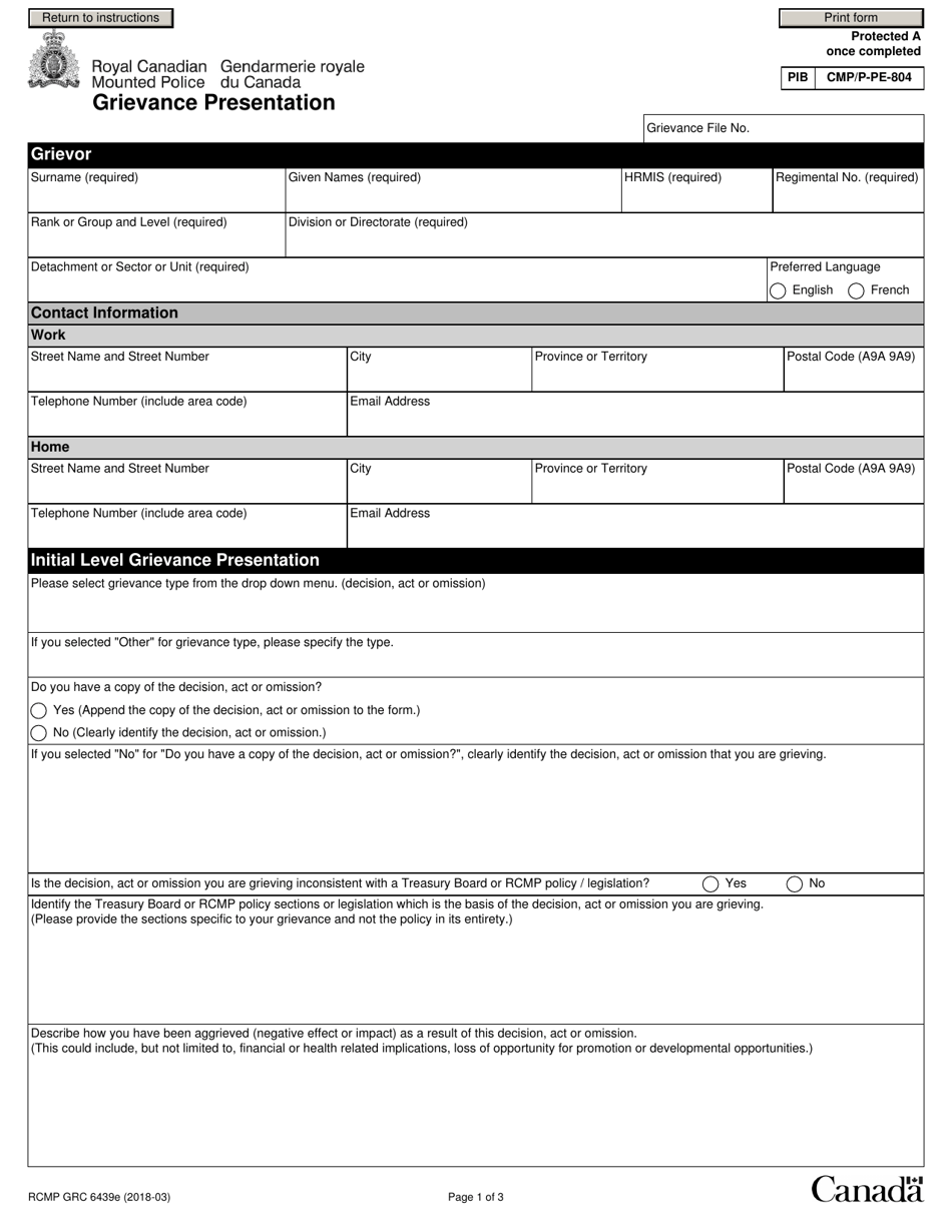 Form RCMP GRC6439 Grievance Presentation - Canada, Page 3