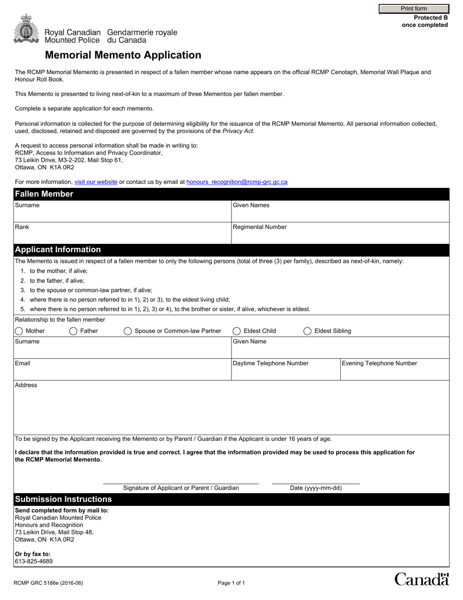 Form RCMP GRC5186 Memorial Memento Application - Canada, Page 1