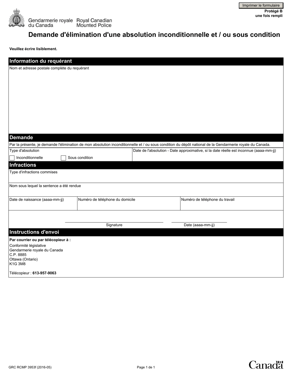 Forme RCMP GRC3953 Demande Delimination Dune Absolution Inconditionnelle Et / Ou Sous Condition - Canada (French), Page 1