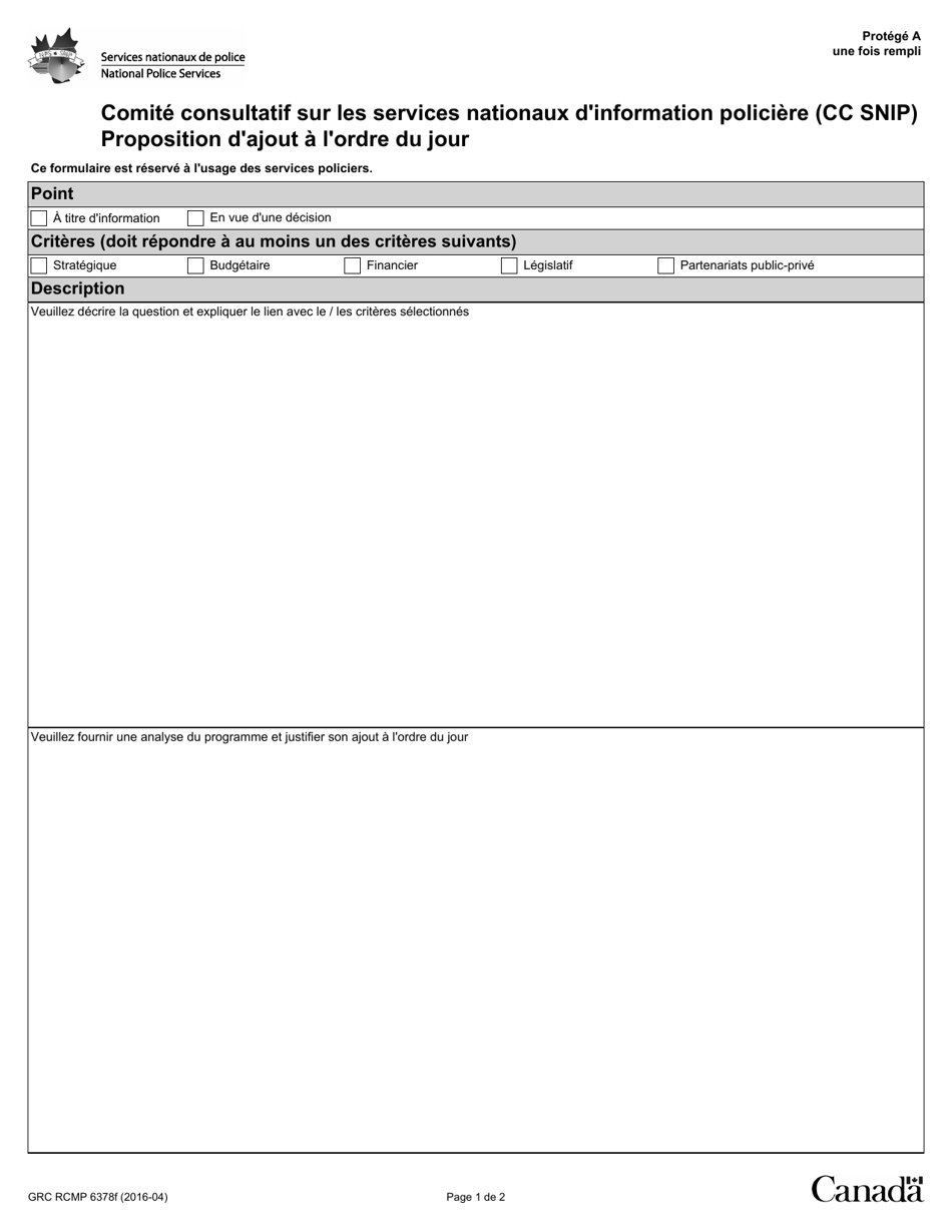 Forme RCMP GRC6378 Comite Consultatif Sur Les Services Nationaux Dinformation Policiere (Cc Snip) Proposition Dajout a Lordre Du Jour - Canada (French), Page 1