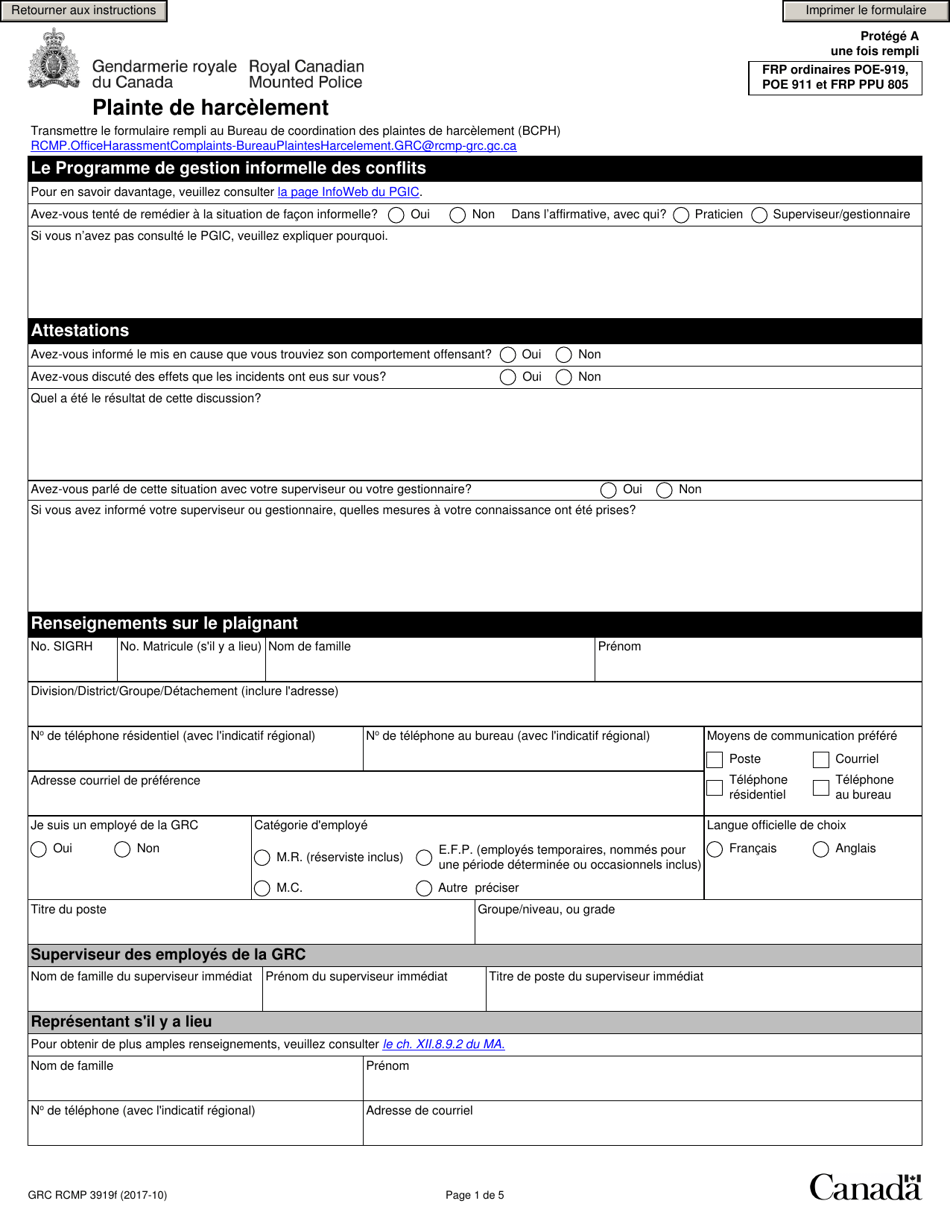 Forme RCMP GRC3919 Plainte De Harcelement - Canada (French), Page 2