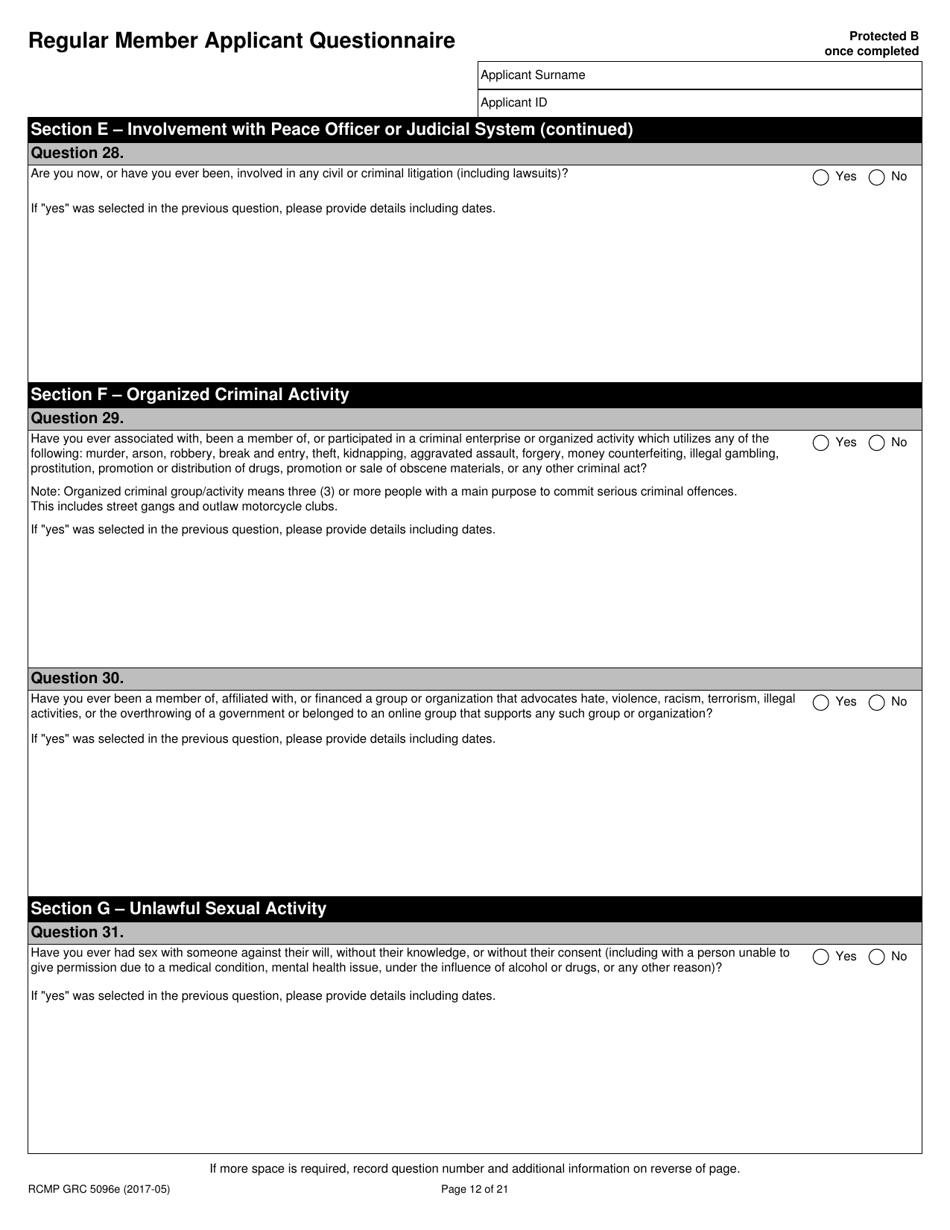 Form RCMP GRC5096 Regular Member Applicant Questionnaire (Rmaq) - Canada, Page 12