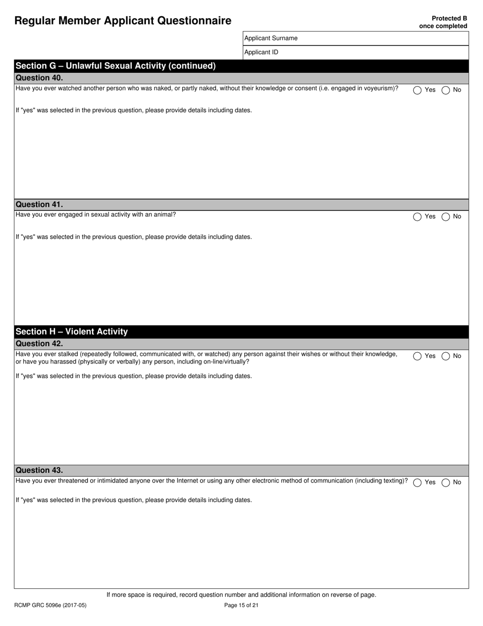 Form RCMP GRC5096 Regular Member Applicant Questionnaire (Rmaq) - Canada, Page 15