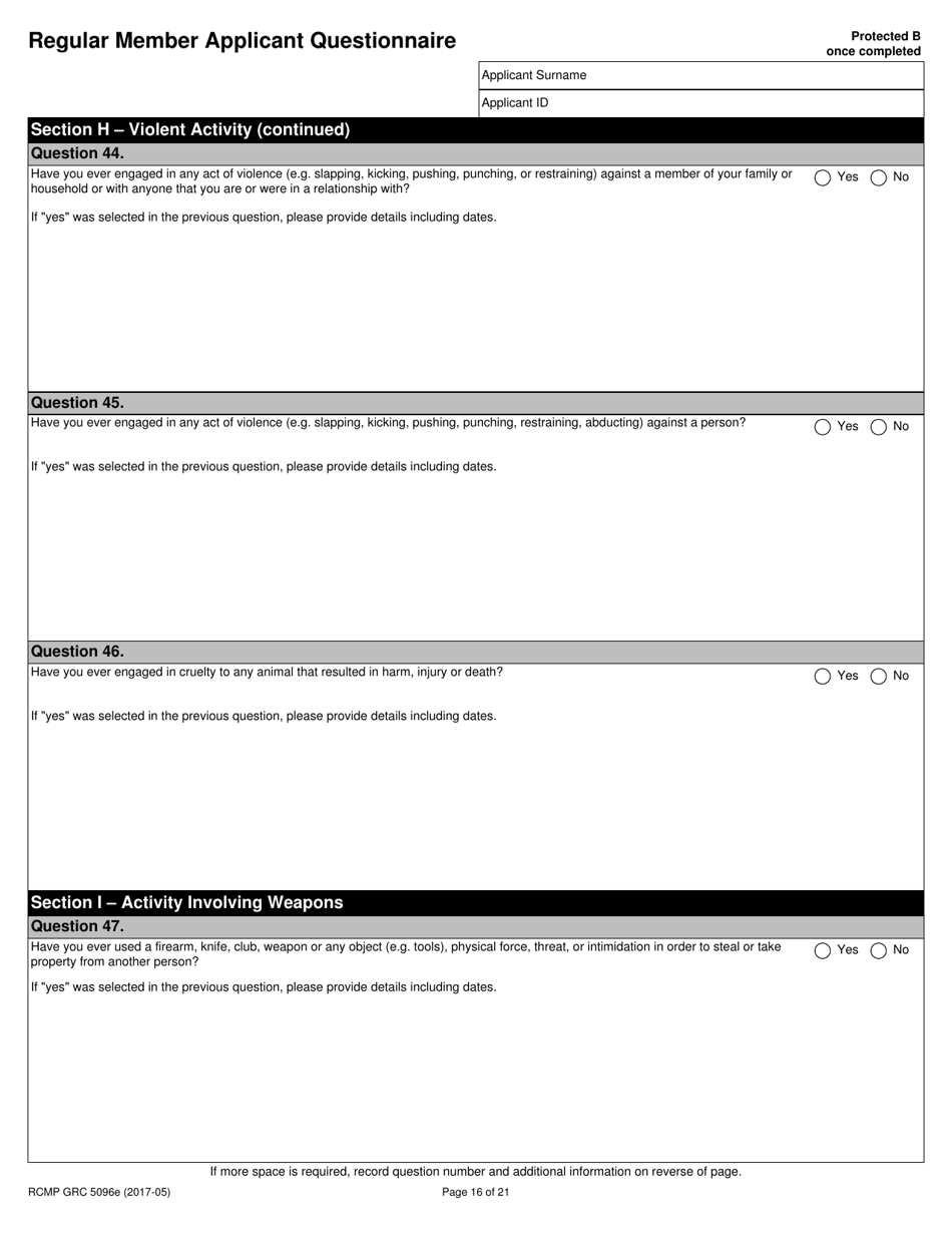 Form RCMP GRC5096 Regular Member Applicant Questionnaire (Rmaq) - Canada, Page 16
