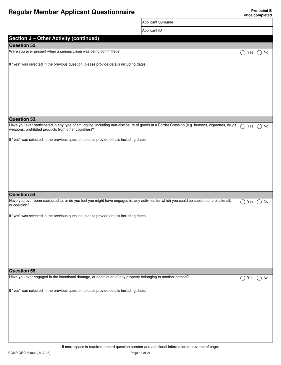 Form RCMP GRC5096 Regular Member Applicant Questionnaire (Rmaq) - Canada, Page 18