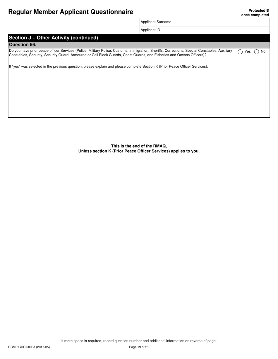 Form RCMP GRC5096 Regular Member Applicant Questionnaire (Rmaq) - Canada, Page 19