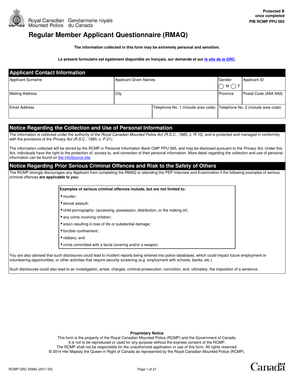 Form RCMP GRC5096 Regular Member Applicant Questionnaire (Rmaq) - Canada, Page 1