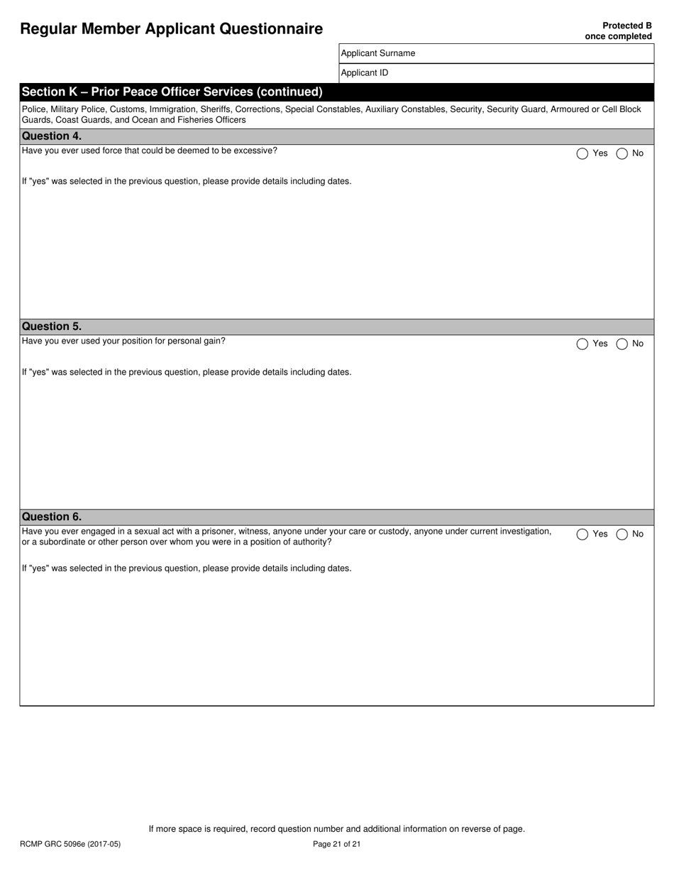 Form RCMP GRC5096 Regular Member Applicant Questionnaire (Rmaq) - Canada, Page 21