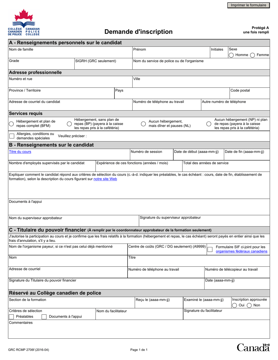 Forme RCMP GRC2706 Download Fillable PDF or Fill Online Demande D